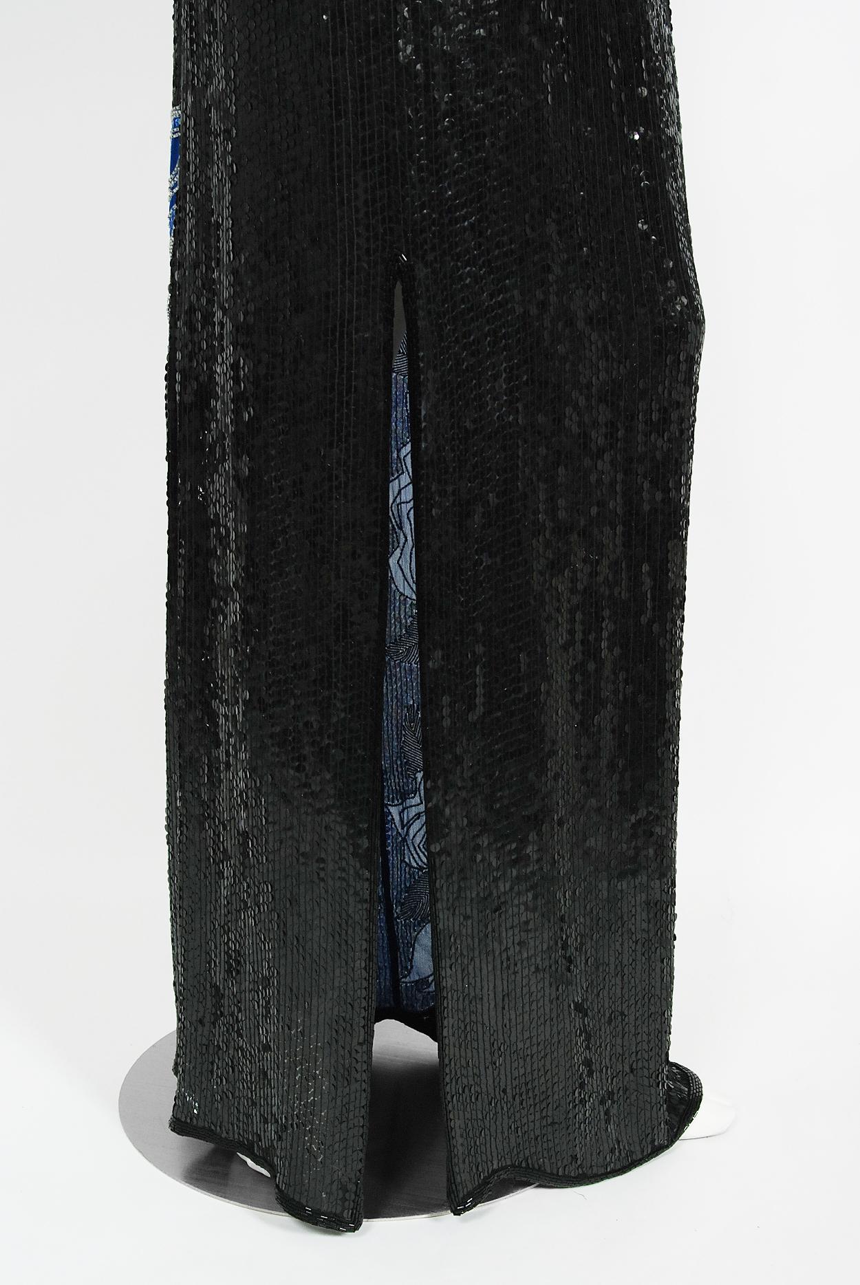 Women's Vintage 1970s Halston Couture Beaded Sequin Black & Blue Silk Dolman-Sleeve Gown