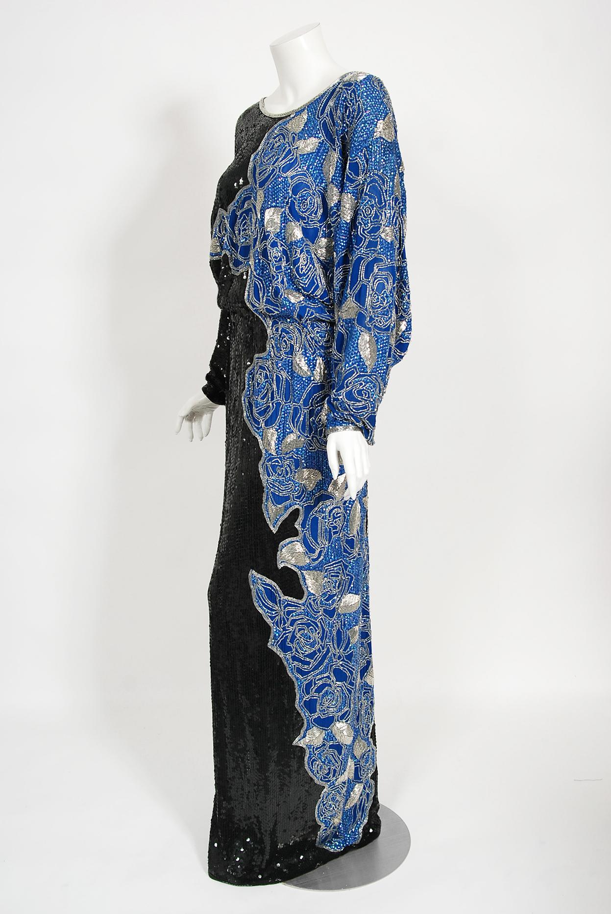 Vintage 1970s Halston Couture Beaded Sequin Black & Blue Silk Dolman-Sleeve Gown 1