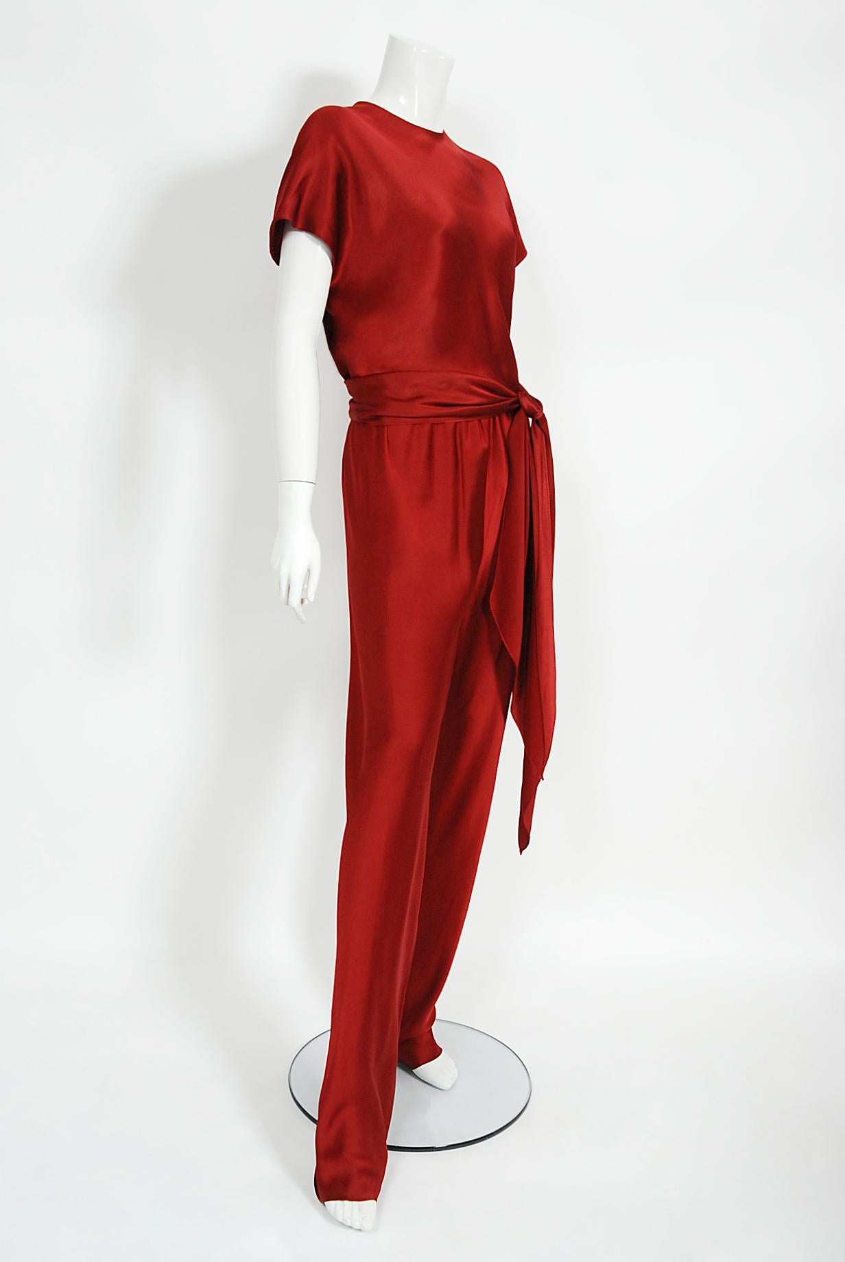 Vintage 1970's Halston Couture Burgundy Red Silk Satin Belted Jumpsuit Pantsuit 3