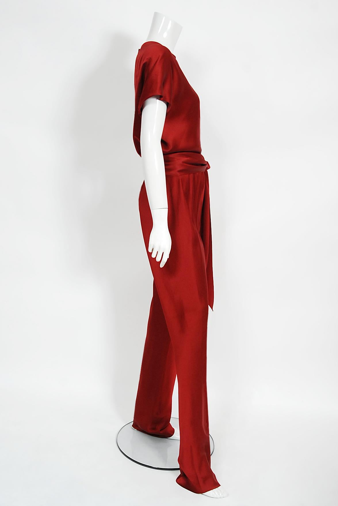 Vintage 1970's Halston Couture Burgundy Red Silk Satin Belted Jumpsuit Pantsuit 4