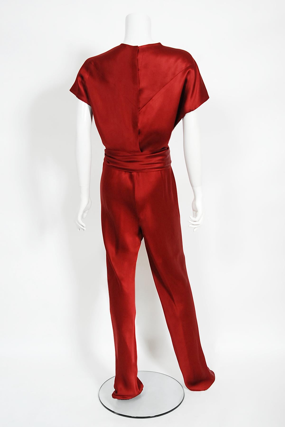 Vintage 1970's Halston Couture Burgundy Red Silk Satin Belted Jumpsuit Pantsuit 5