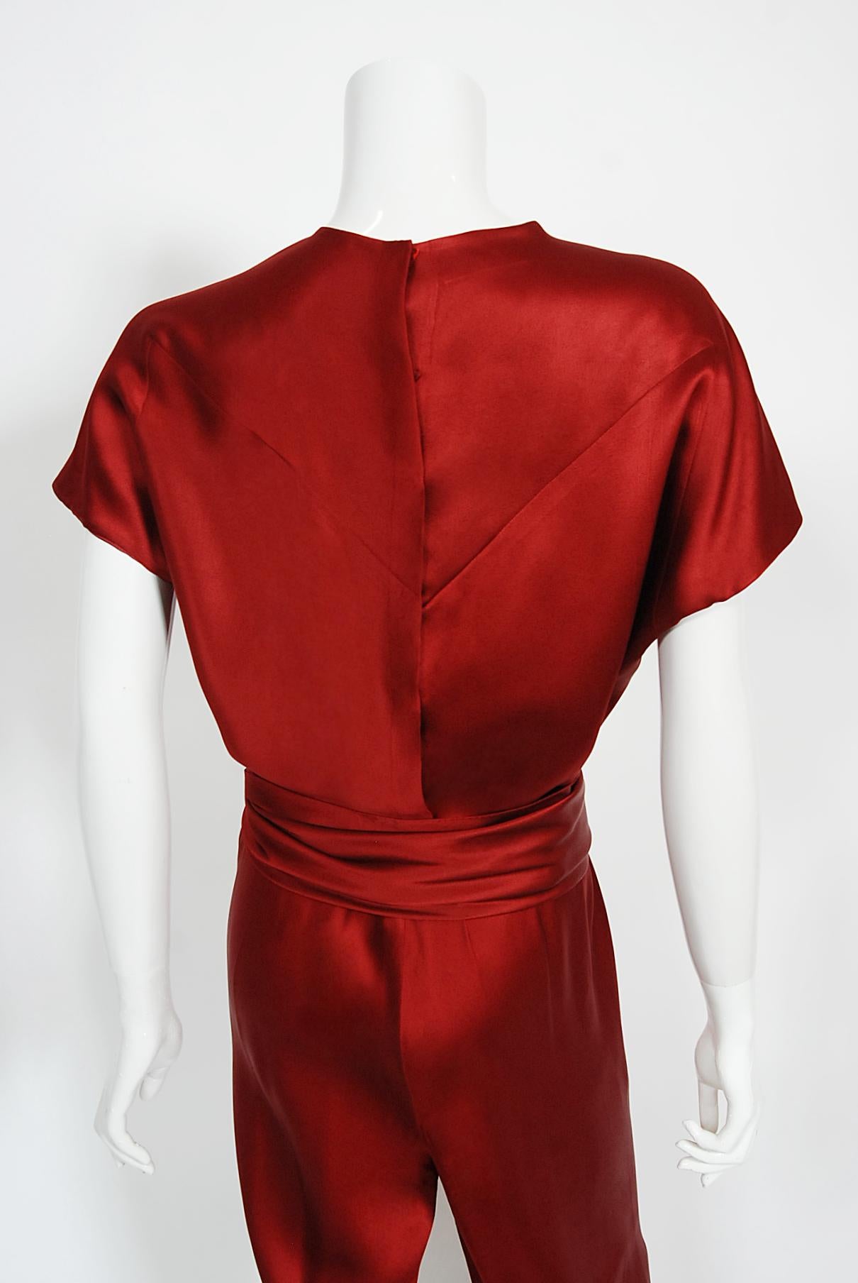 Vintage 1970's Halston Couture Burgundy Red Silk Satin Belted Jumpsuit Pantsuit 6