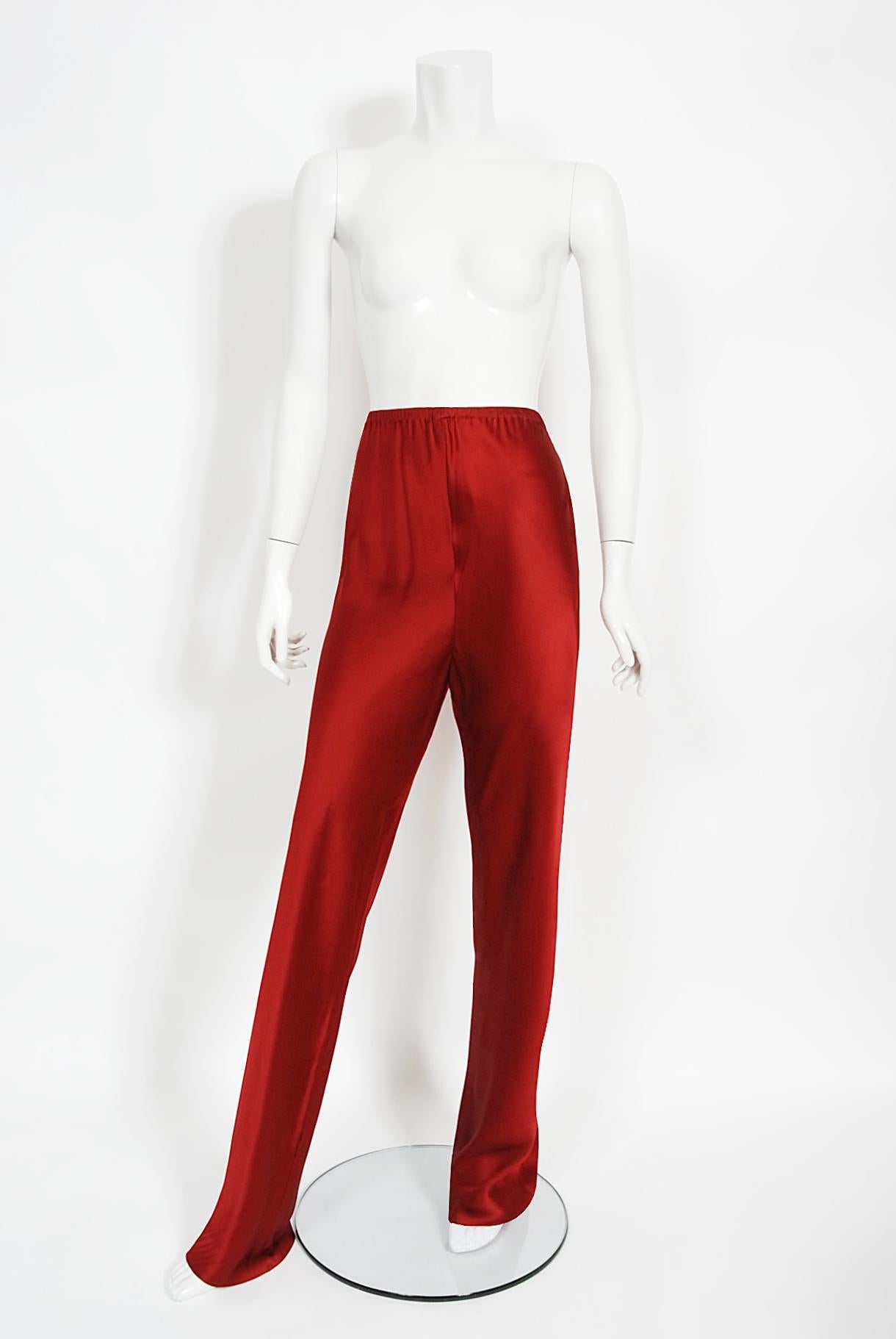 Vintage 1970's Halston Couture Burgundy Red Silk Satin Belted Jumpsuit Pantsuit 7