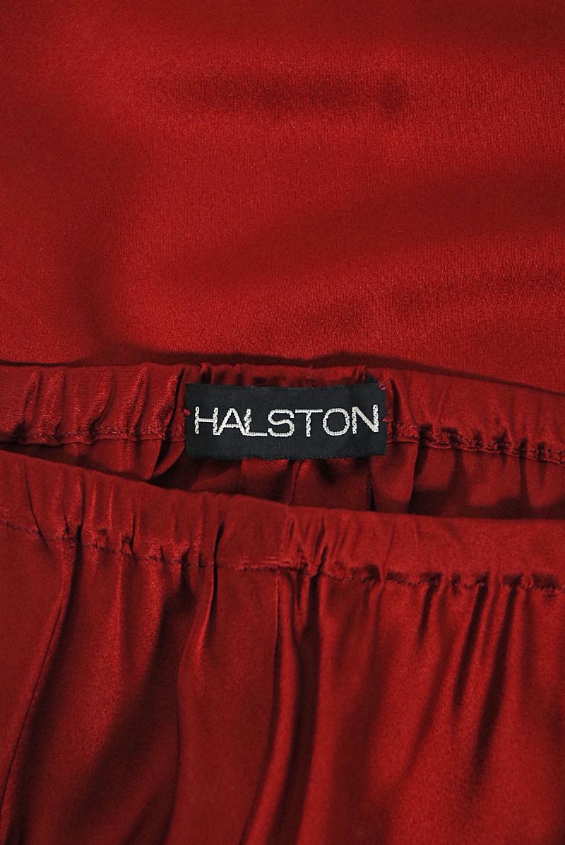 Vintage 1970's Halston Couture Burgundy Red Silk Satin Belted Jumpsuit Pantsuit 8