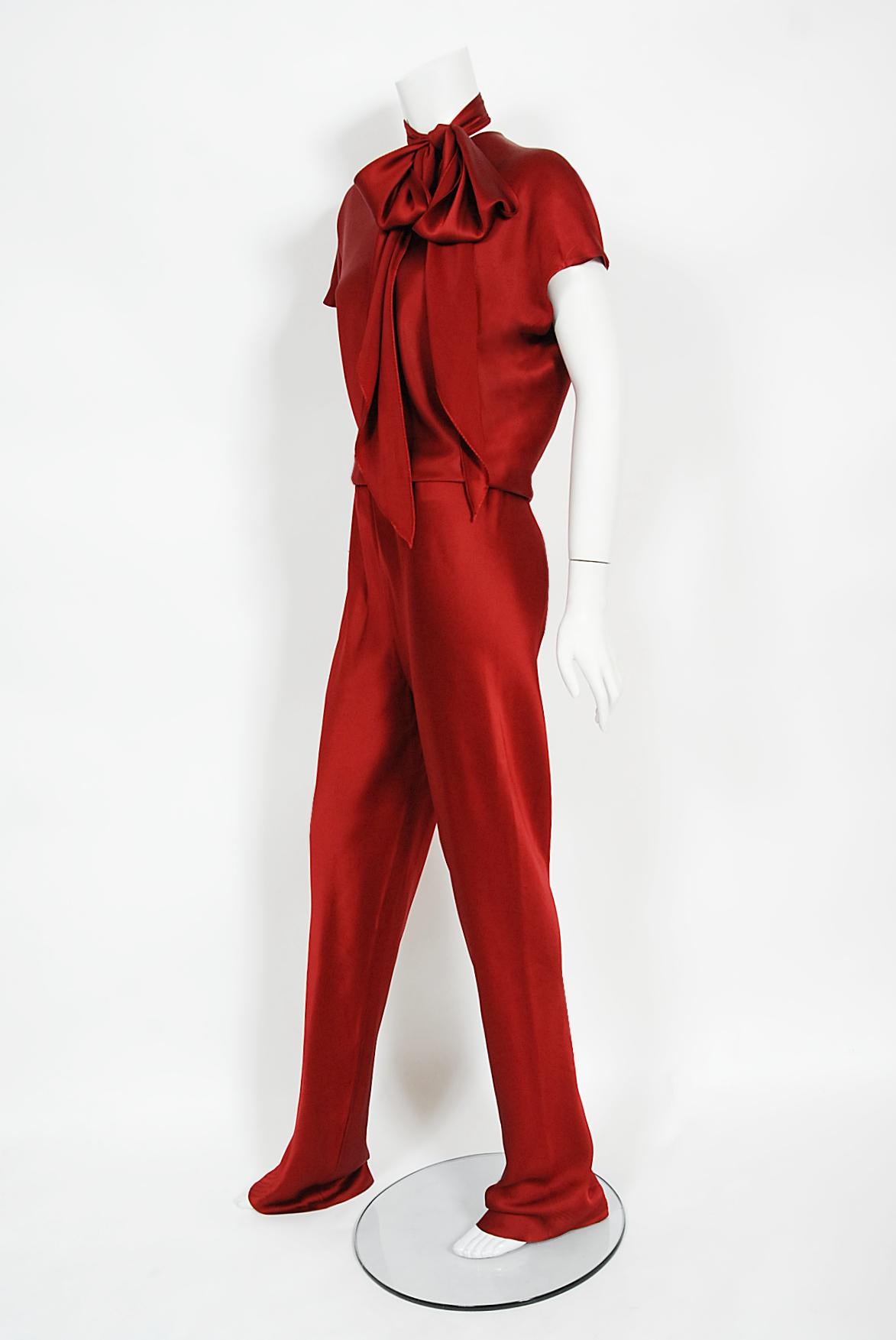 Vintage 1970's Halston Couture Burgundy Red Silk Satin Belted Jumpsuit Pantsuit In Good Condition In Beverly Hills, CA