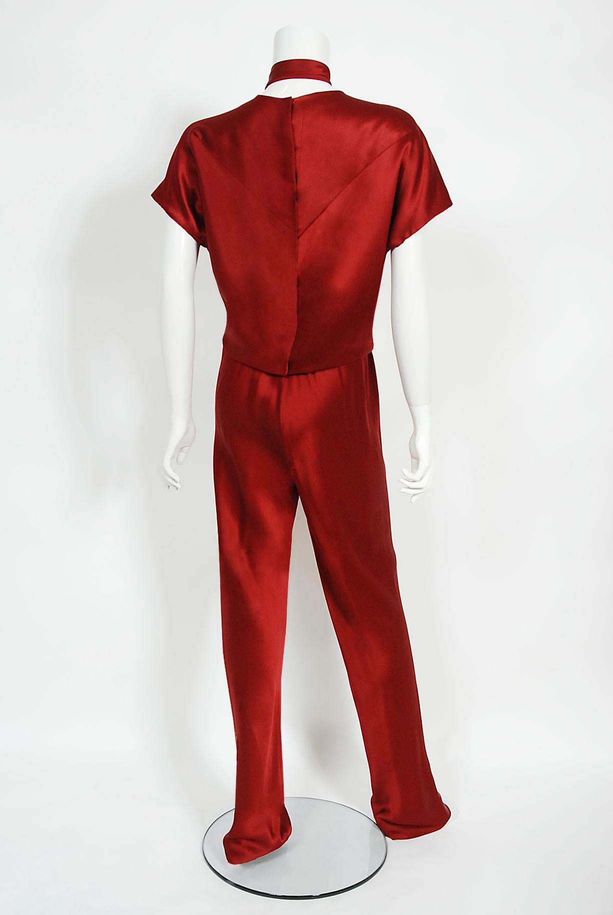 Vintage 1970's Halston Couture Burgundy Red Silk Satin Belted Jumpsuit Pantsuit 1