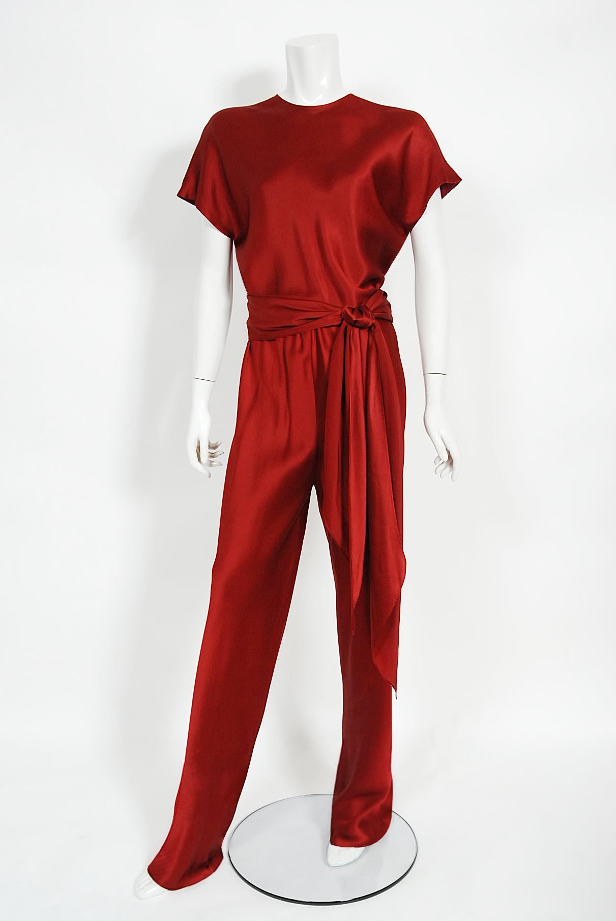 Vintage 1970's Halston Couture Burgundy Red Silk Satin Belted Jumpsuit Pantsuit 2