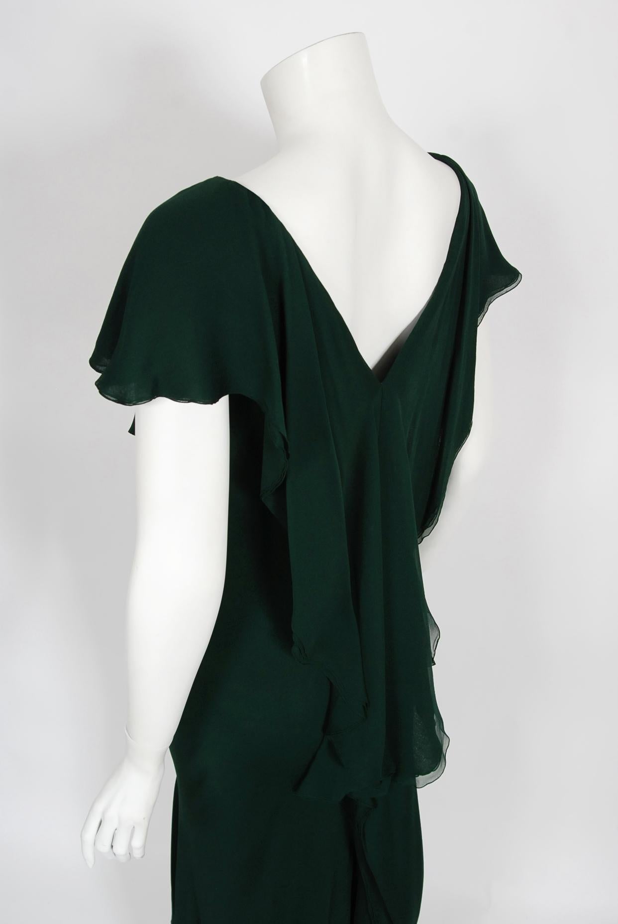 Vintage 1970's Halston Couture Forest Green Silk Chiffon Draped Bias-Cut Gown 5