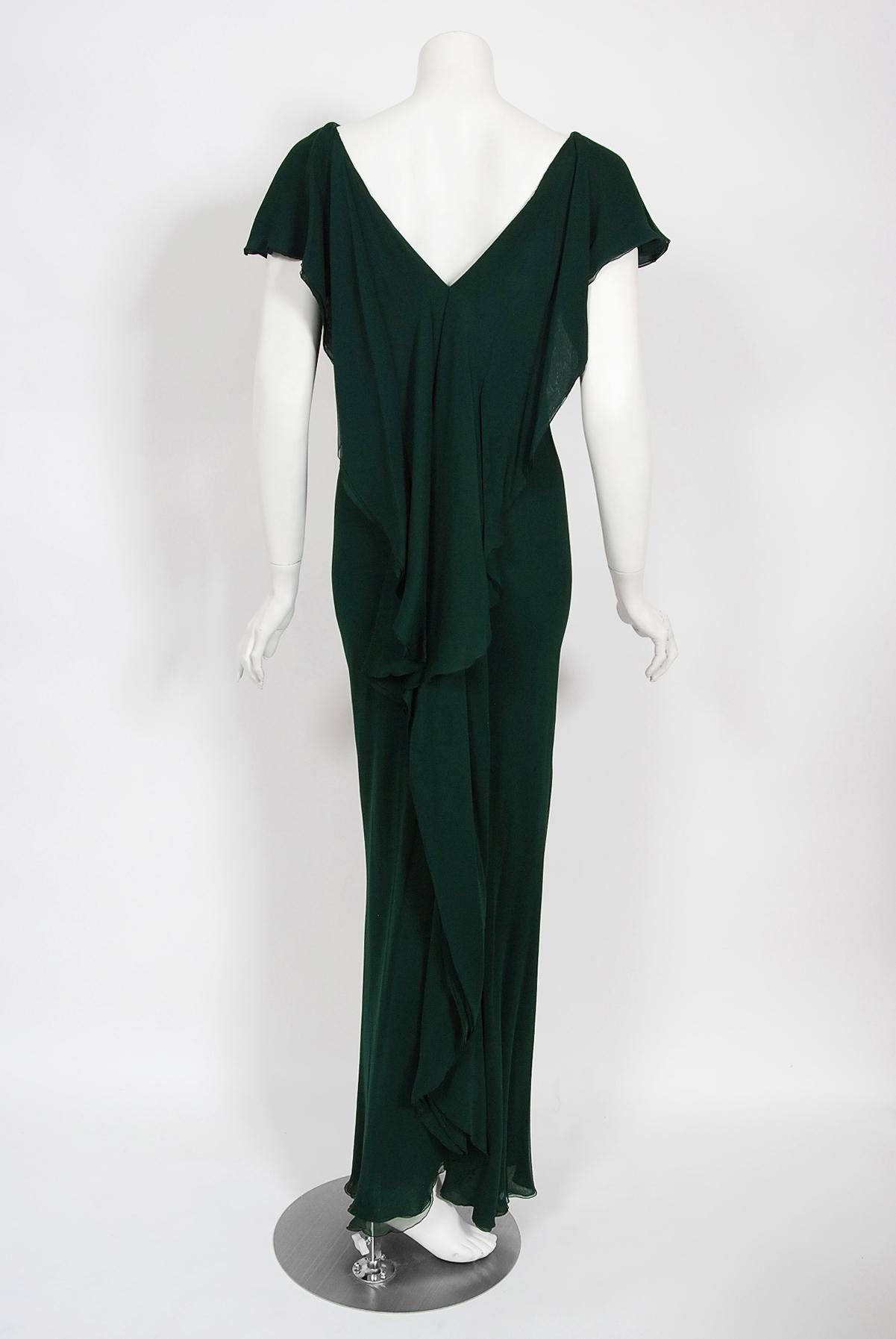 Vintage 1970's Halston Couture Forest Green Silk Chiffon Draped Bias-Cut Gown 6