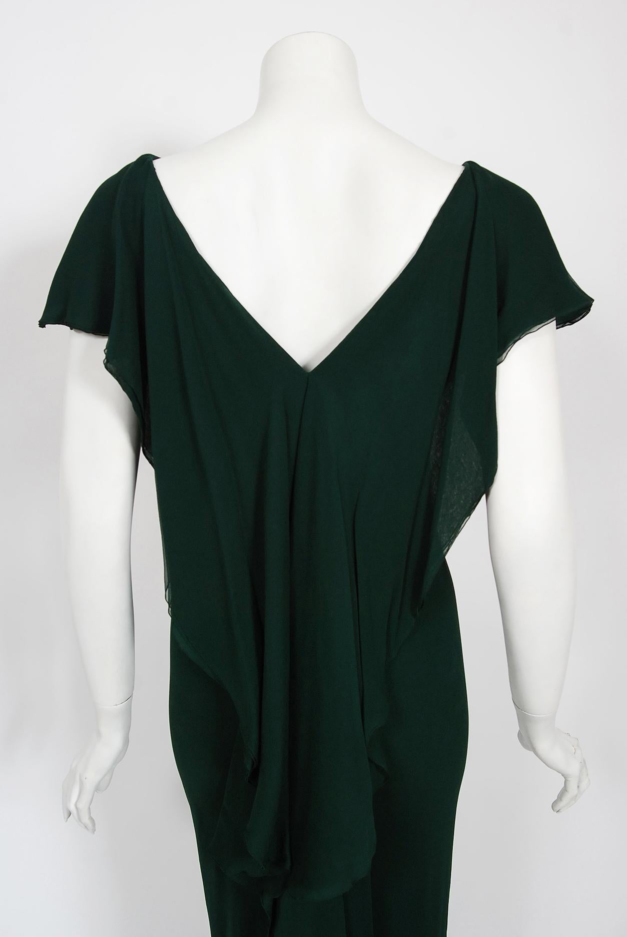 Vintage 1970's Halston Couture Forest Green Silk Chiffon Draped Bias-Cut Gown 7