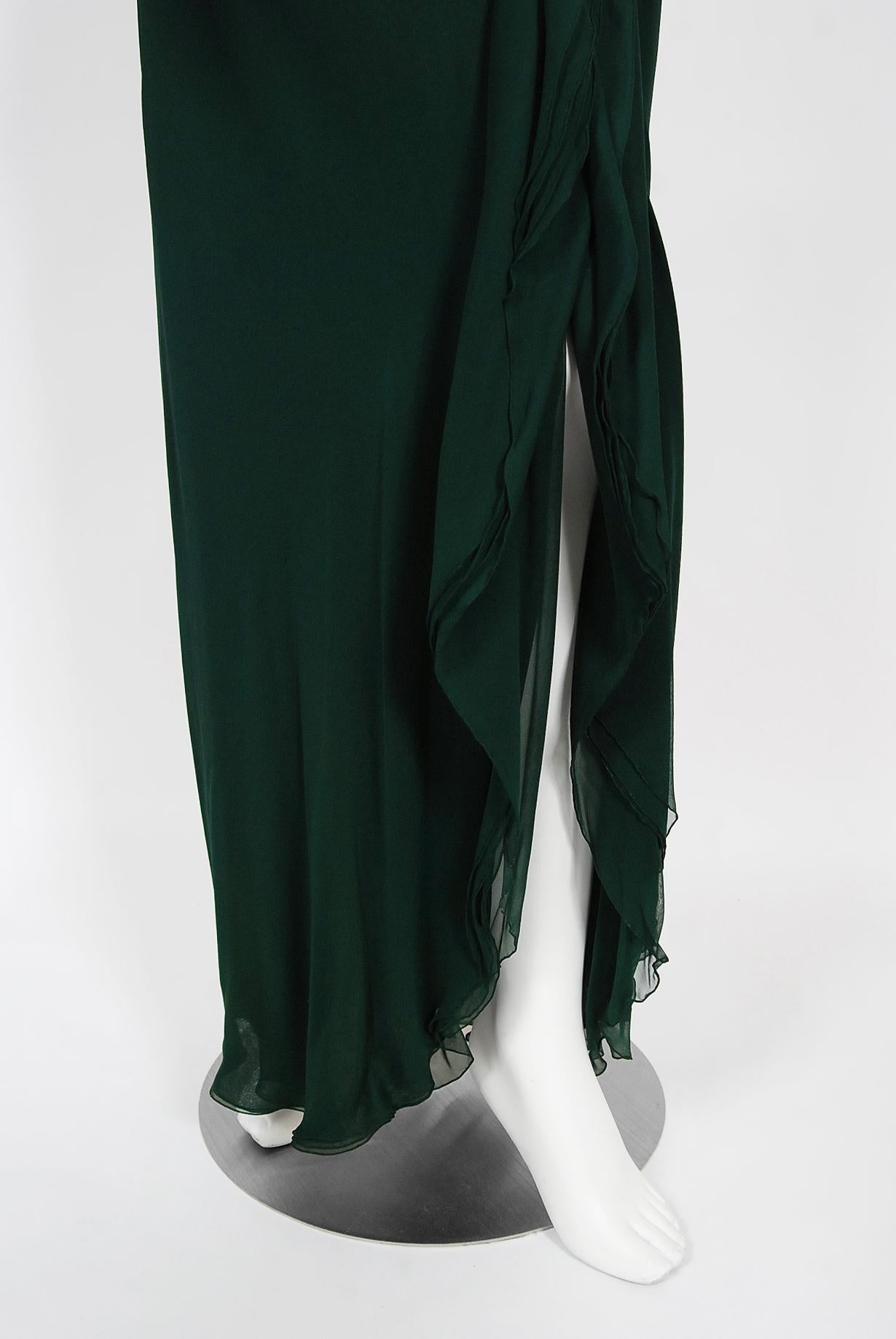 Vintage 1970's Halston Couture Forest Green Silk Chiffon Draped Bias-Cut Gown In Good Condition In Beverly Hills, CA