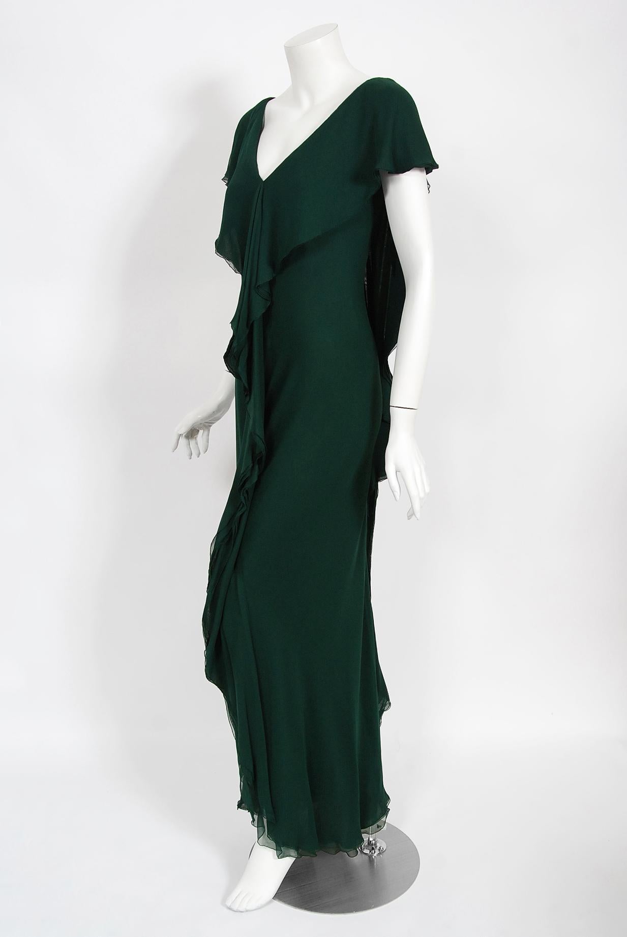 Vintage 1970's Halston Couture Forest Green Silk Chiffon Draped Bias-Cut Gown 1