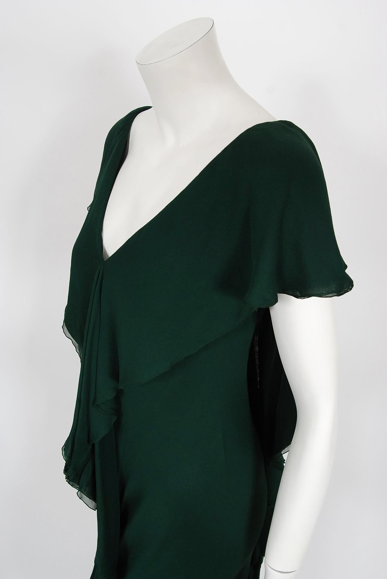 Vintage 1970's Halston Couture Forest Green Silk Chiffon Draped Bias-Cut Gown 2