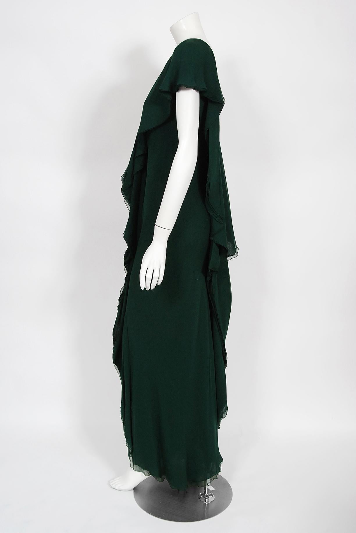 Vintage 1970's Halston Couture Forest Green Silk Chiffon Draped Bias-Cut Gown 3