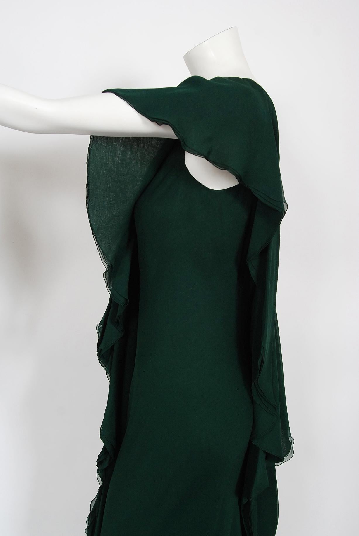 Vintage 1970's Halston Couture Forest Green Silk Chiffon Draped Bias-Cut Gown 4