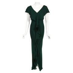 Vintage 1970
s Halston Couture Forest Green Silk Chiffon Draped Bias-Cut Gown