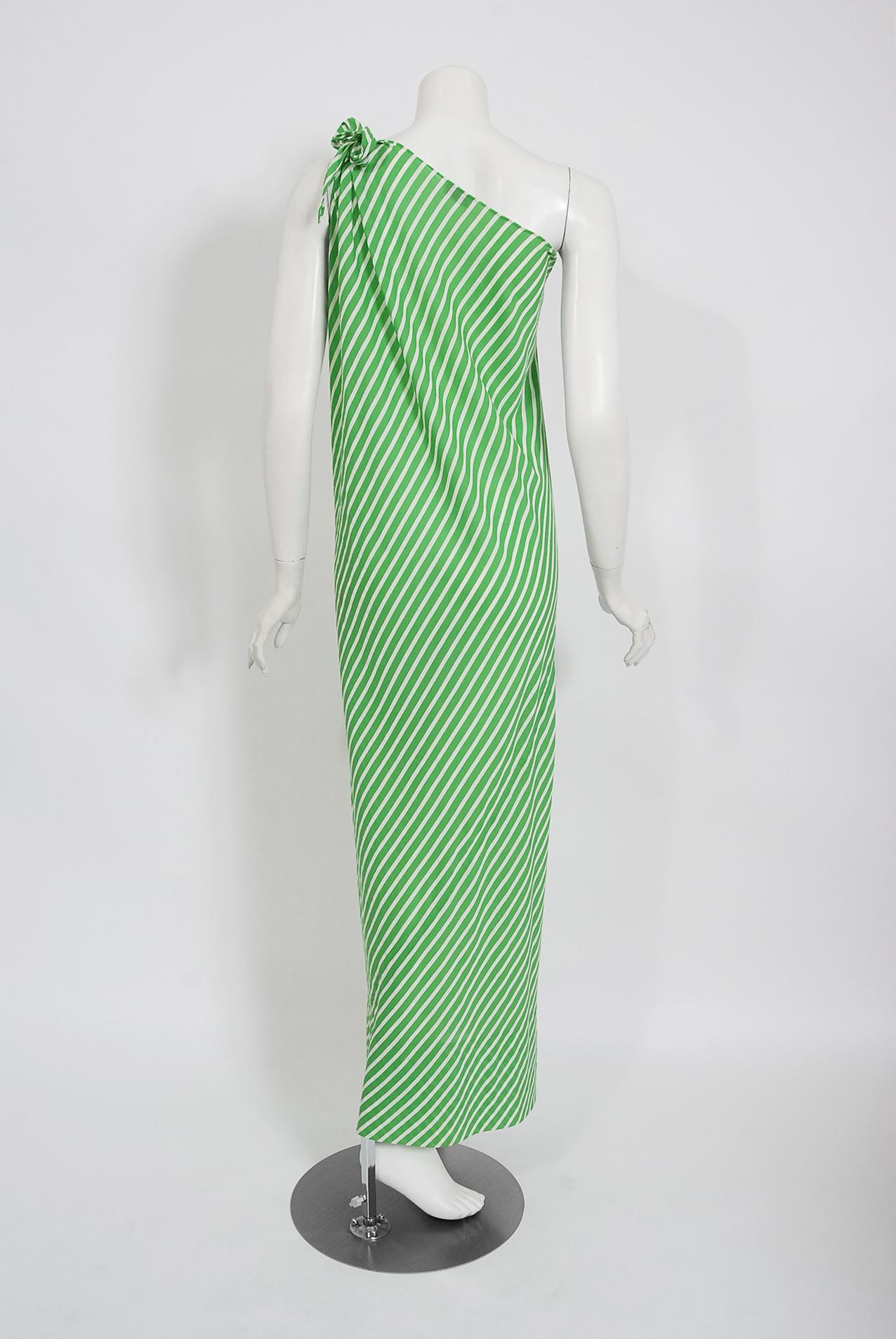 Vintage 1970's Halston Couture Green & White Stripe One Shoulder Bias-Cut Dress In Good Condition In Beverly Hills, CA