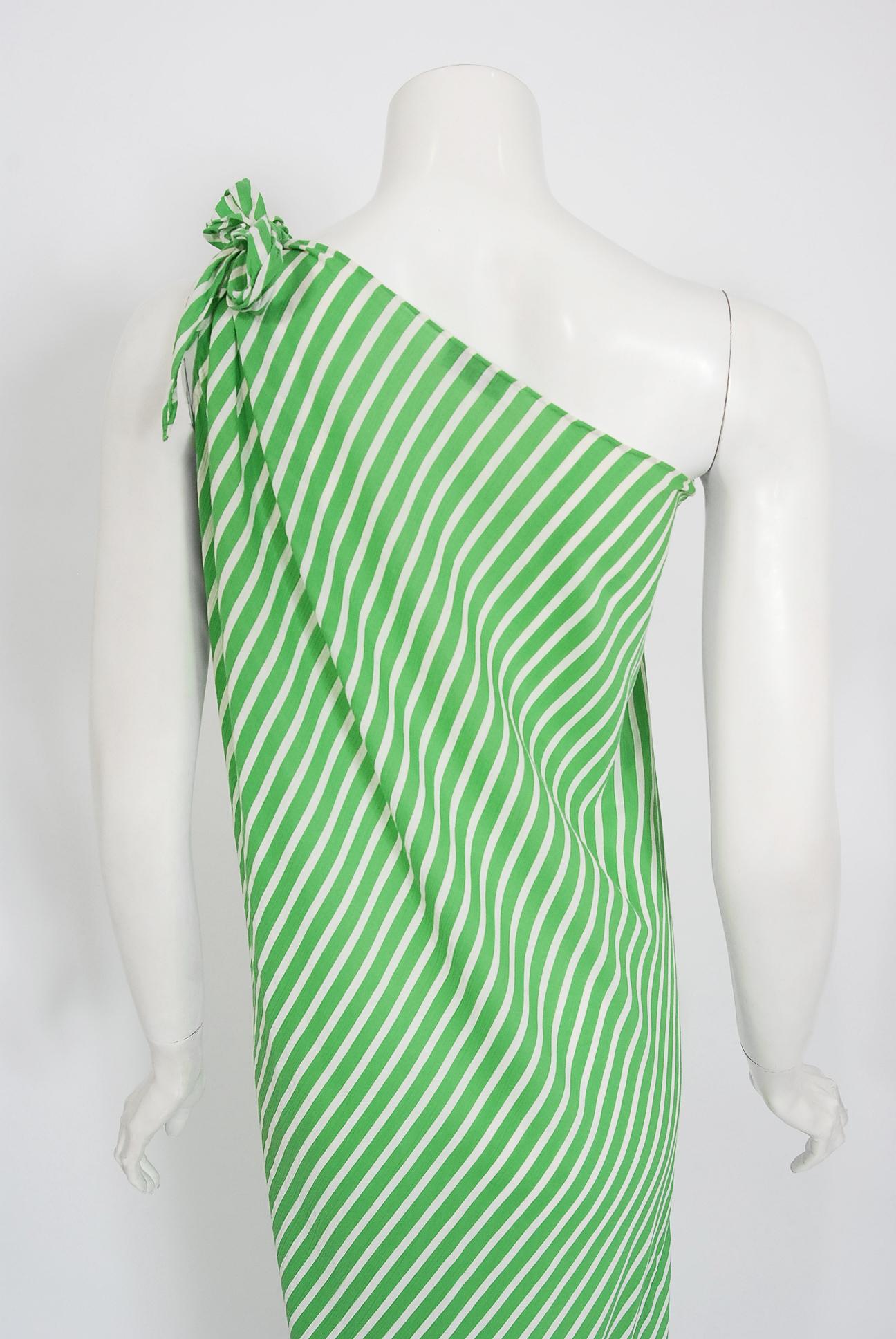 Women's Vintage 1970's Halston Couture Green & White Stripe One Shoulder Bias-Cut Dress