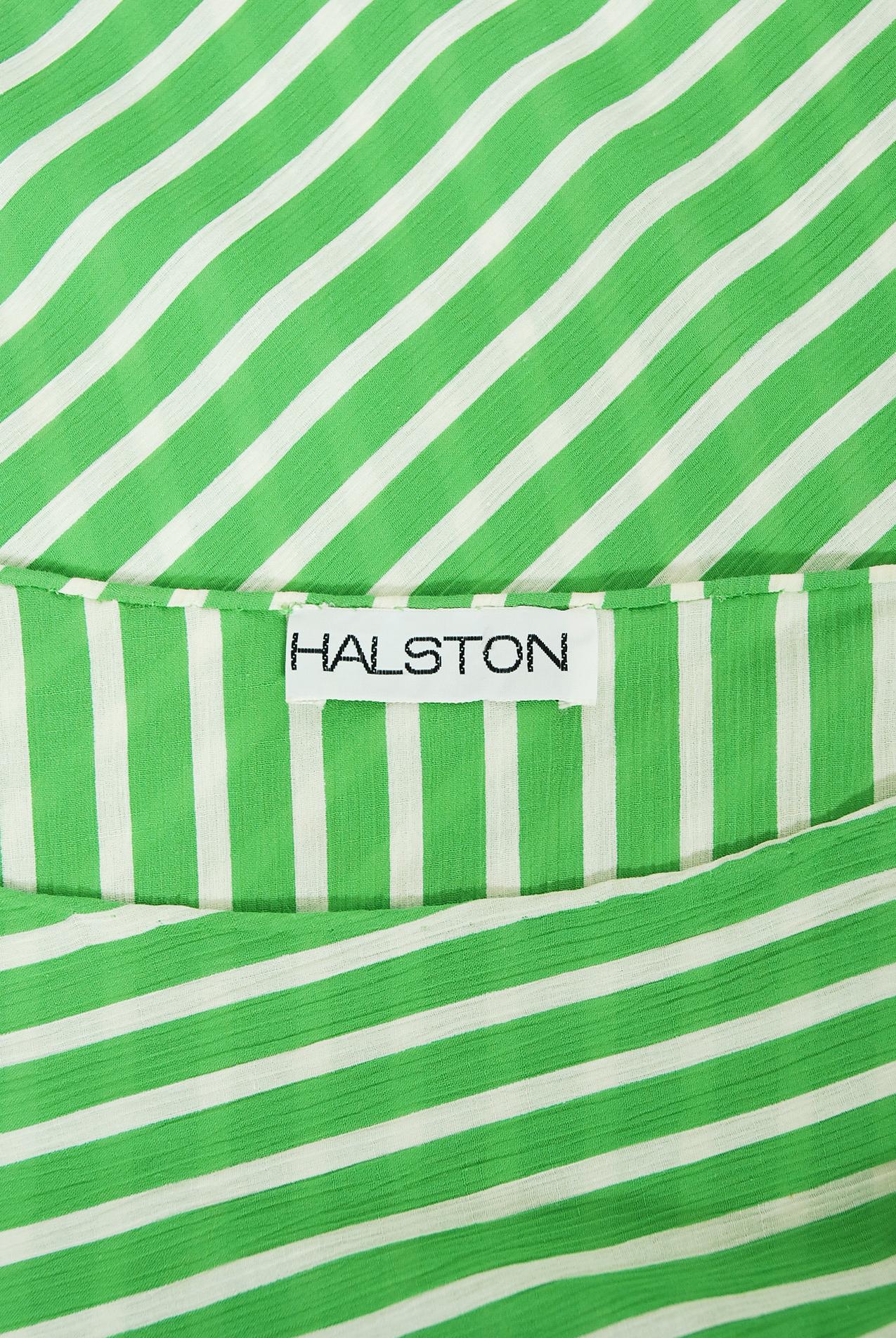 Vintage 1970's Halston Couture Green & White Stripe One Shoulder Bias-Cut Dress 1