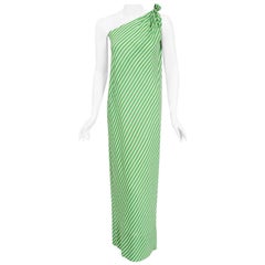 Vintage 1970's Halston Couture Green & White Stripe One Shoulder One Shoulder Bias-Cut Dress