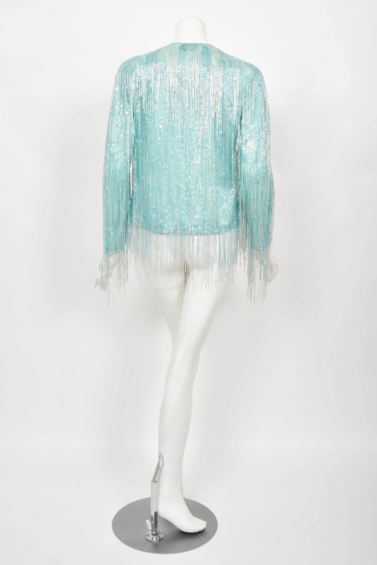 Vintage 1970's Halston Couture Ice Blue Beaded Silk Fringe Disco Cardigan Jacket For Sale 7