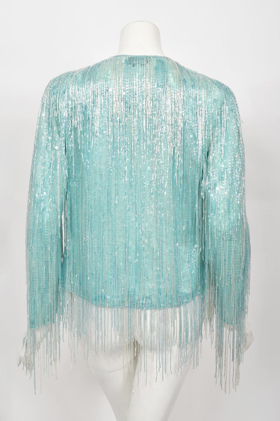 Vintage 1970's Halston Couture Ice Blue Beaded Silk Fringe Disco Cardigan Jacket For Sale 8