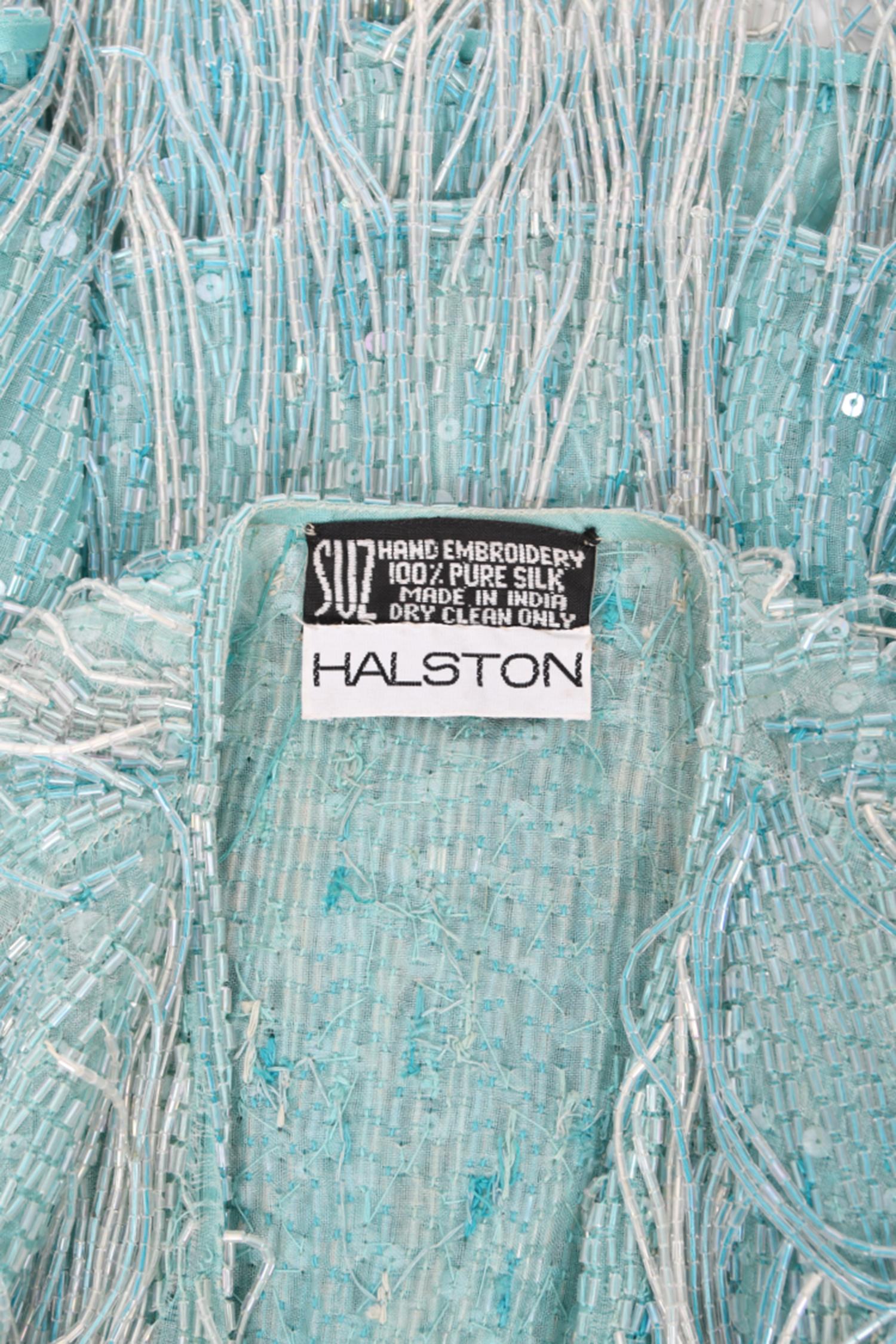 Vintage 1970er Halston Couture Eisblaue Disco-Strickjacke mit Perlen und Fransen aus Seide mit Fransen 9