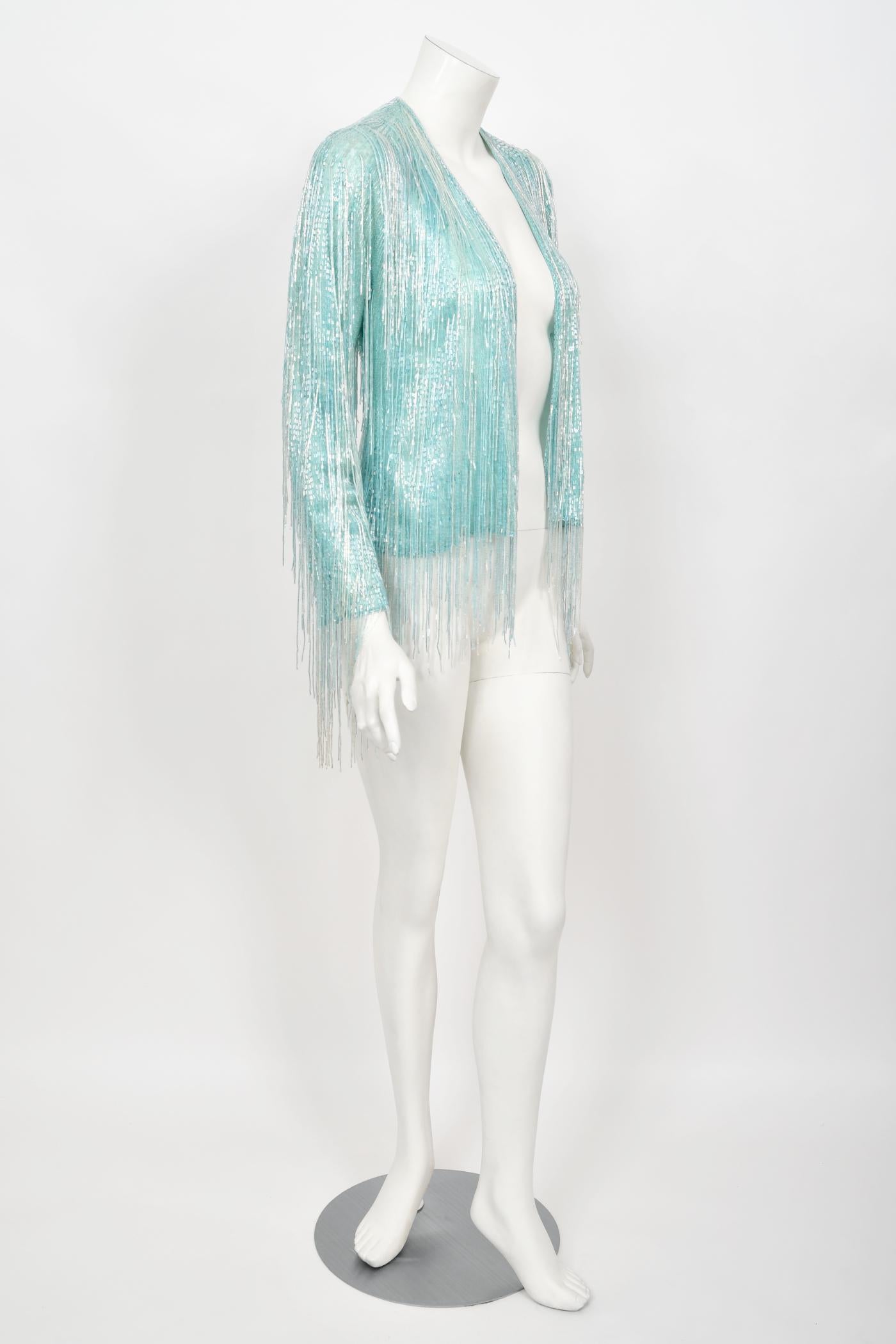 Vintage 1970's Halston Couture Ice Blue Beaded Silk Fringe Disco Cardigan Jacket In Good Condition For Sale In Beverly Hills, CA