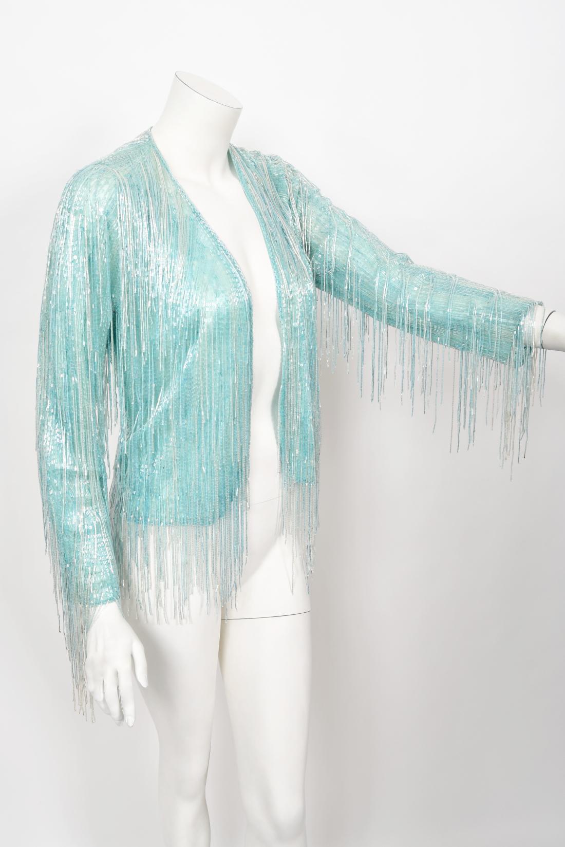 Women's Vintage 1970's Halston Couture Ice Blue Beaded Silk Fringe Disco Cardigan Jacket For Sale