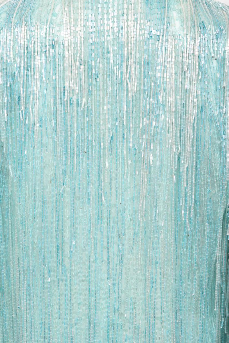 Halston Couture - Cardigan disco vintage à franges en soie perlée bleu glace, années 1970 2