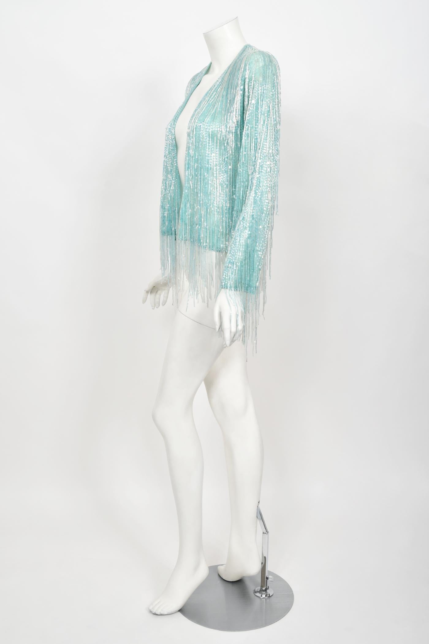 Vintage 1970's Halston Couture Ice Blue Beaded Silk Fringe Disco Cardigan Jacket For Sale 3