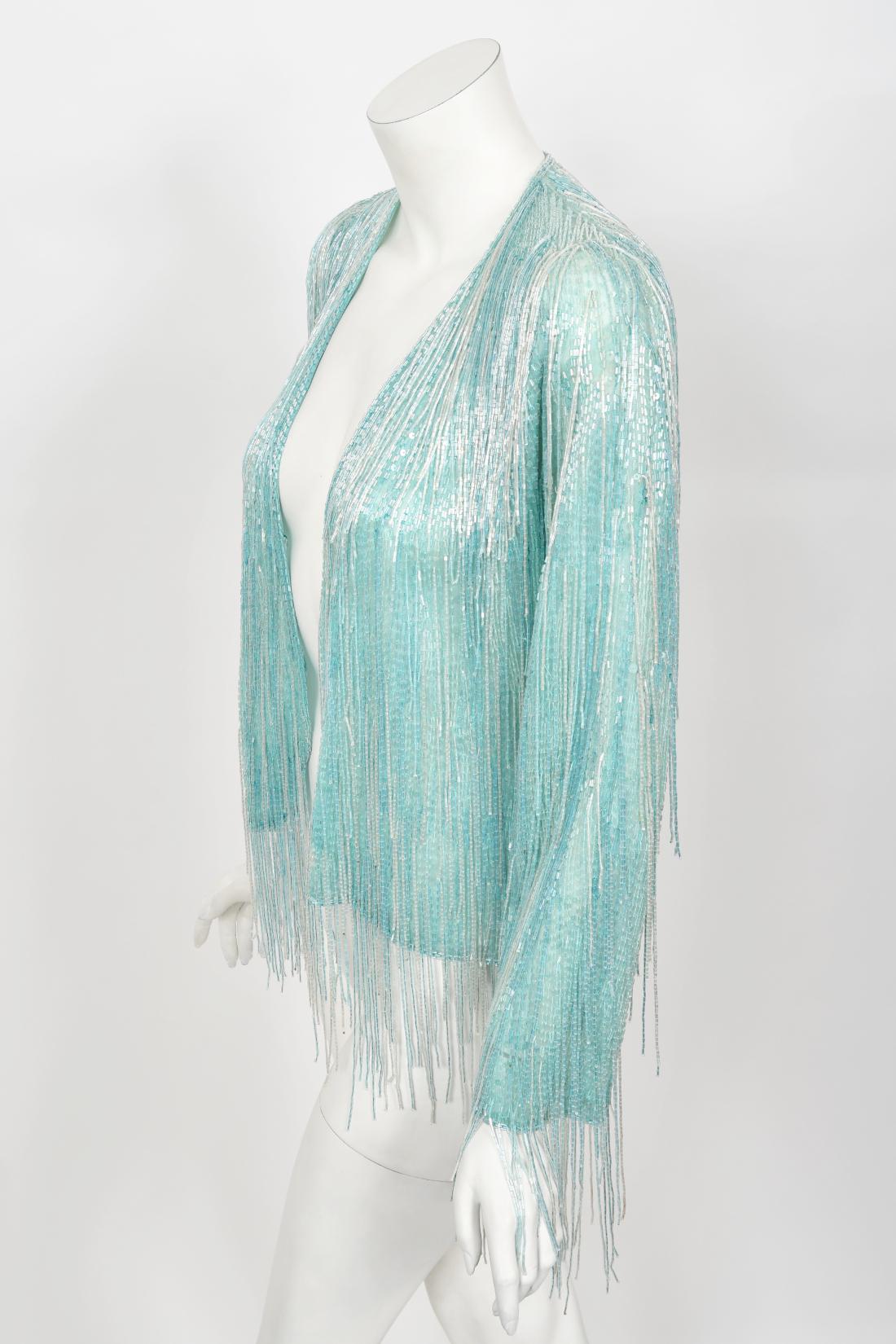 Vintage 1970's Halston Couture Ice Blue Beaded Silk Fringe Disco Cardigan Jacket For Sale 4