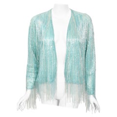 Vintage 1970's Halston Couture Ice Blue Beaded Silk Fringe Disco Cardigan Jacket