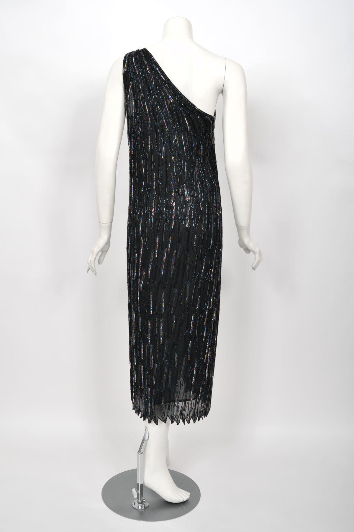 Vintage 1970's Halston Couture Iridescent Beaded Black Silk One-Shoulder Dress  For Sale 6
