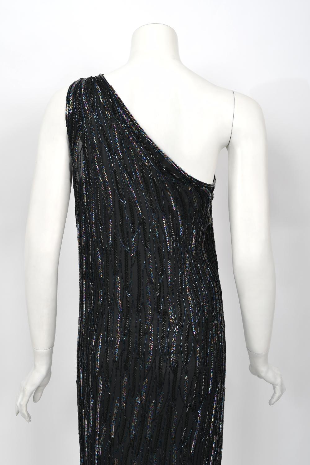 Vintage 1970's Halston Couture Iridescent Beaded Black Silk One-Shoulder Dress  For Sale 7