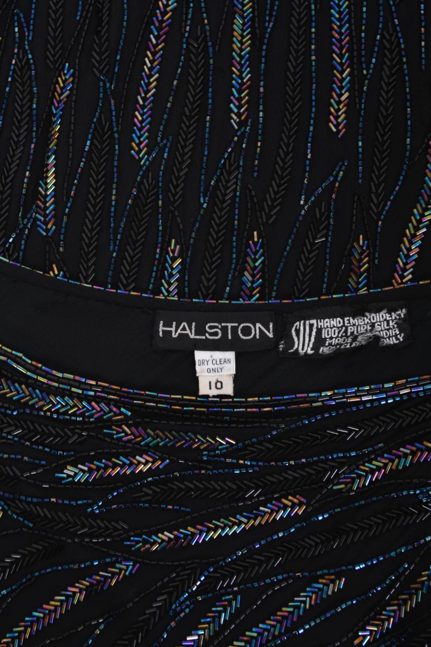 Vintage 1970er Halston Couture schillerndes, perlenbesetztes, schwarzes Seiden-Ein-Schulter-Kleid  im Angebot 7