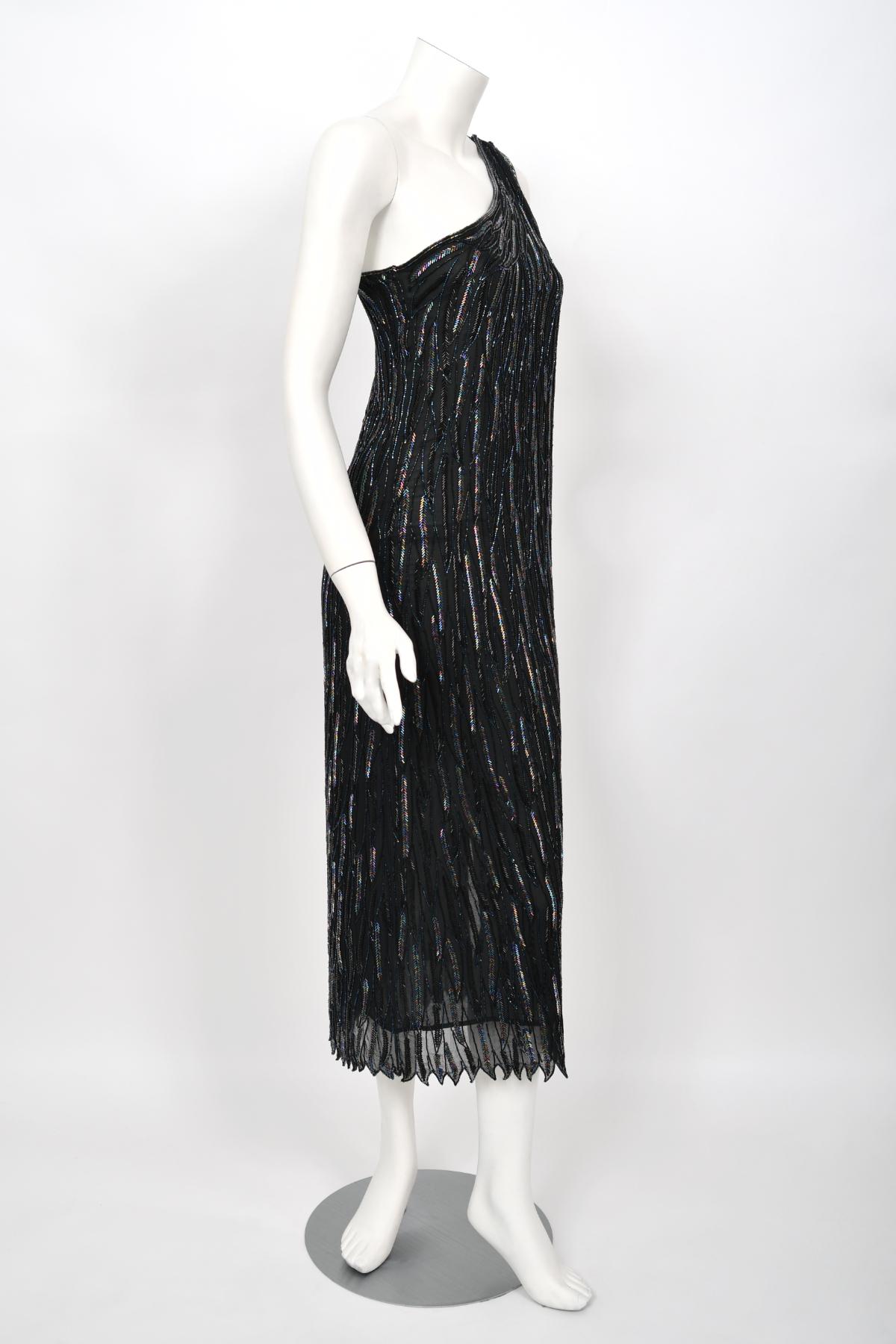Vintage 1970's Halston Couture Iridescent Beaded Black Silk One-Shoulder Dress  In Good Condition For Sale In Beverly Hills, CA