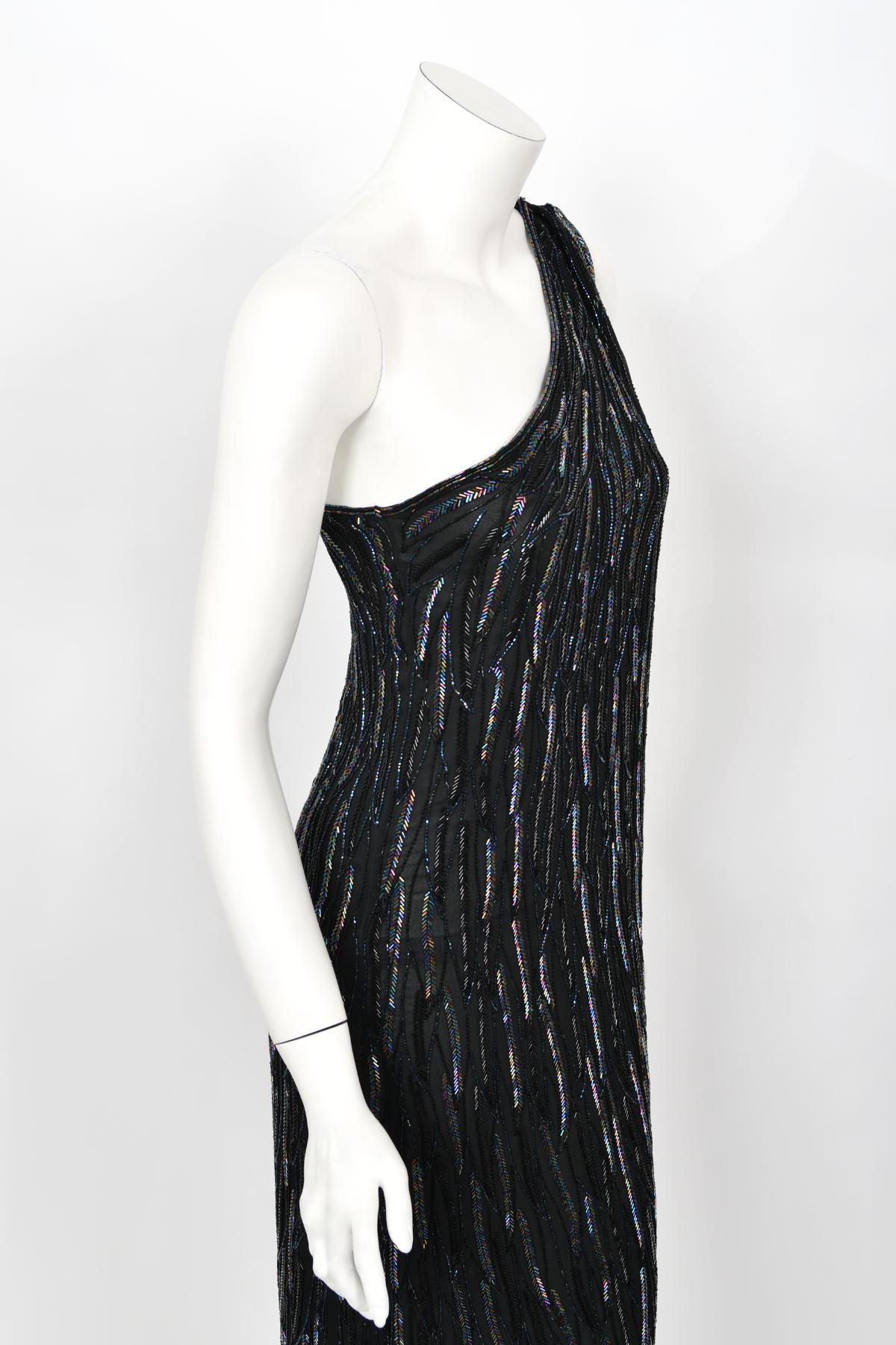 Women's Vintage 1970's Halston Couture Iridescent Beaded Black Silk One-Shoulder Dress  For Sale