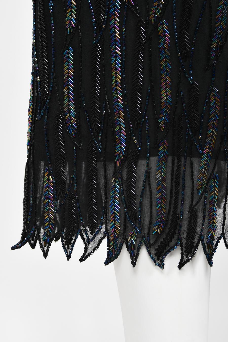 Vintage 1970's Halston Couture Iridescent Beaded Black Silk One-Shoulder Dress  For Sale 1