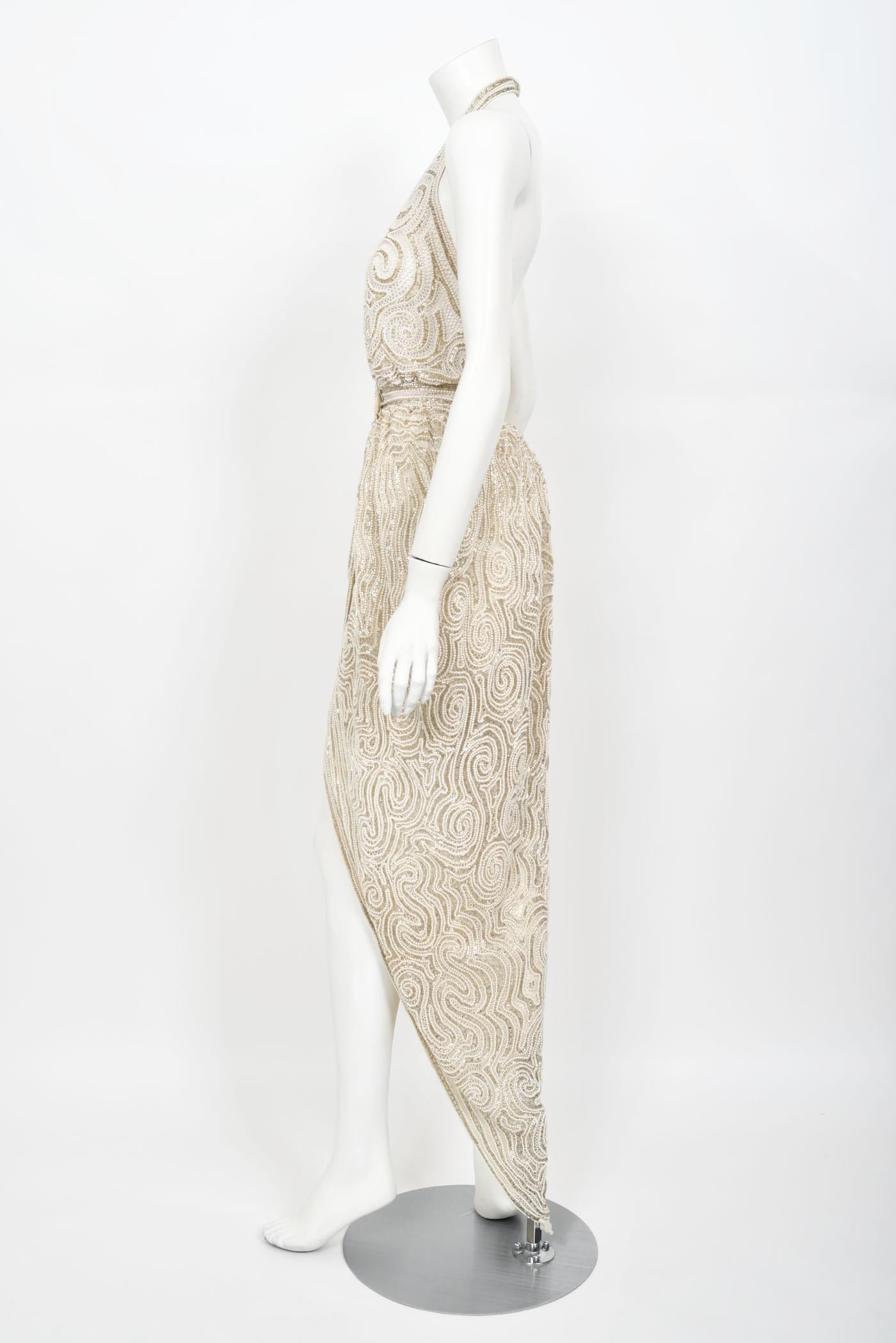 Vintage 1970's Halston Couture Ivory Beaded Sheer Lace Backless Halter Wrap Gown 8