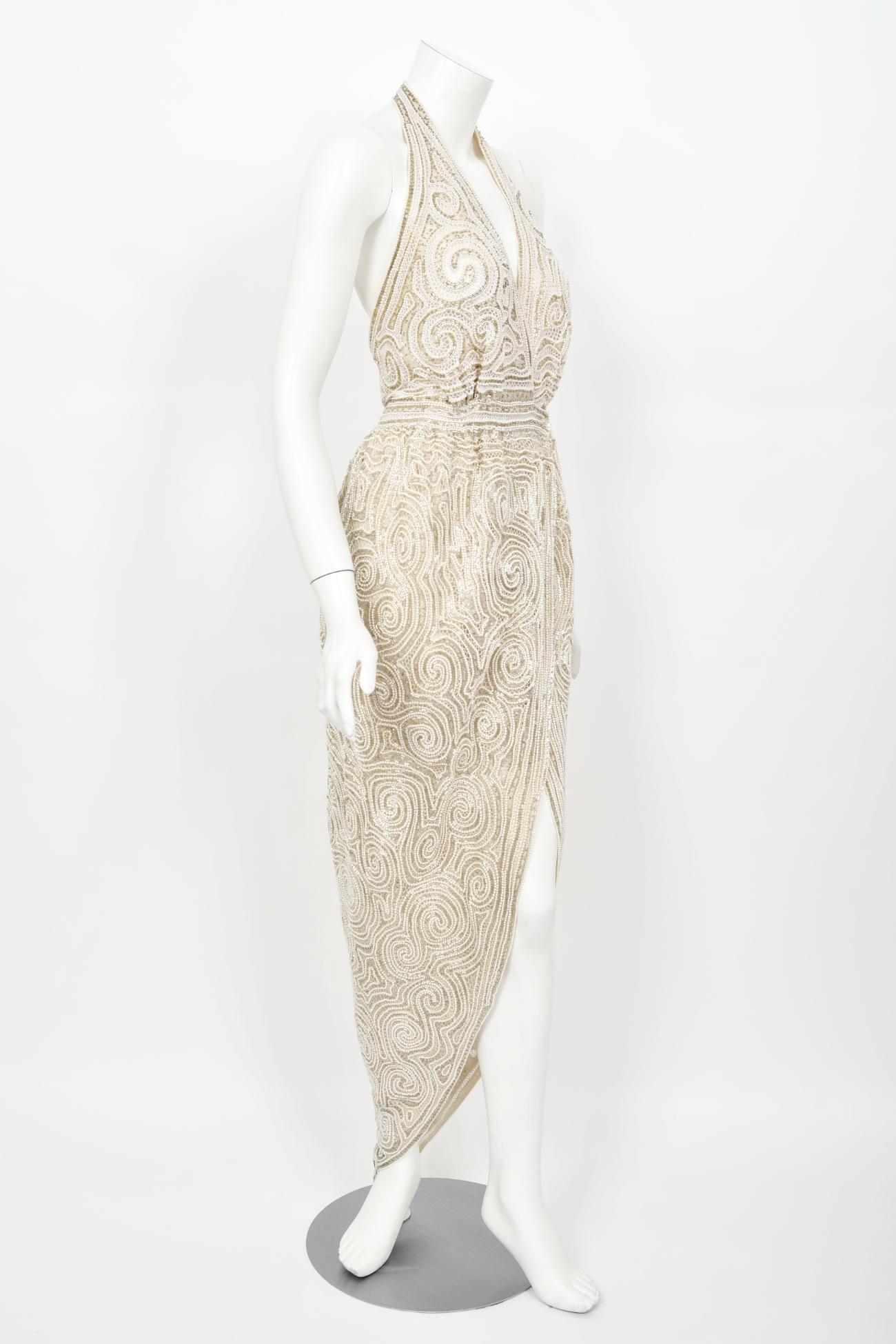 Vintage 1970's Halston Couture Ivory Beaded Sheer Lace Backless Halter Wrap Gown 9