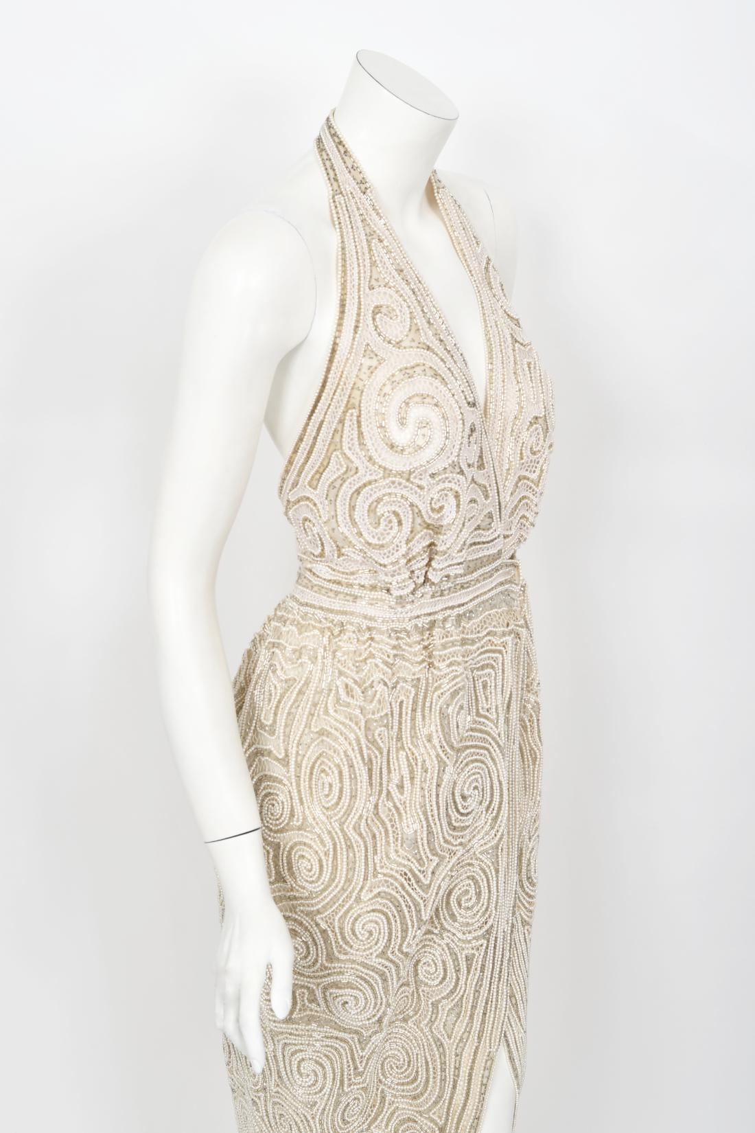 Vintage 1970's Halston Couture Ivory Beaded Sheer Lace Backless Halter Wrap Gown 10