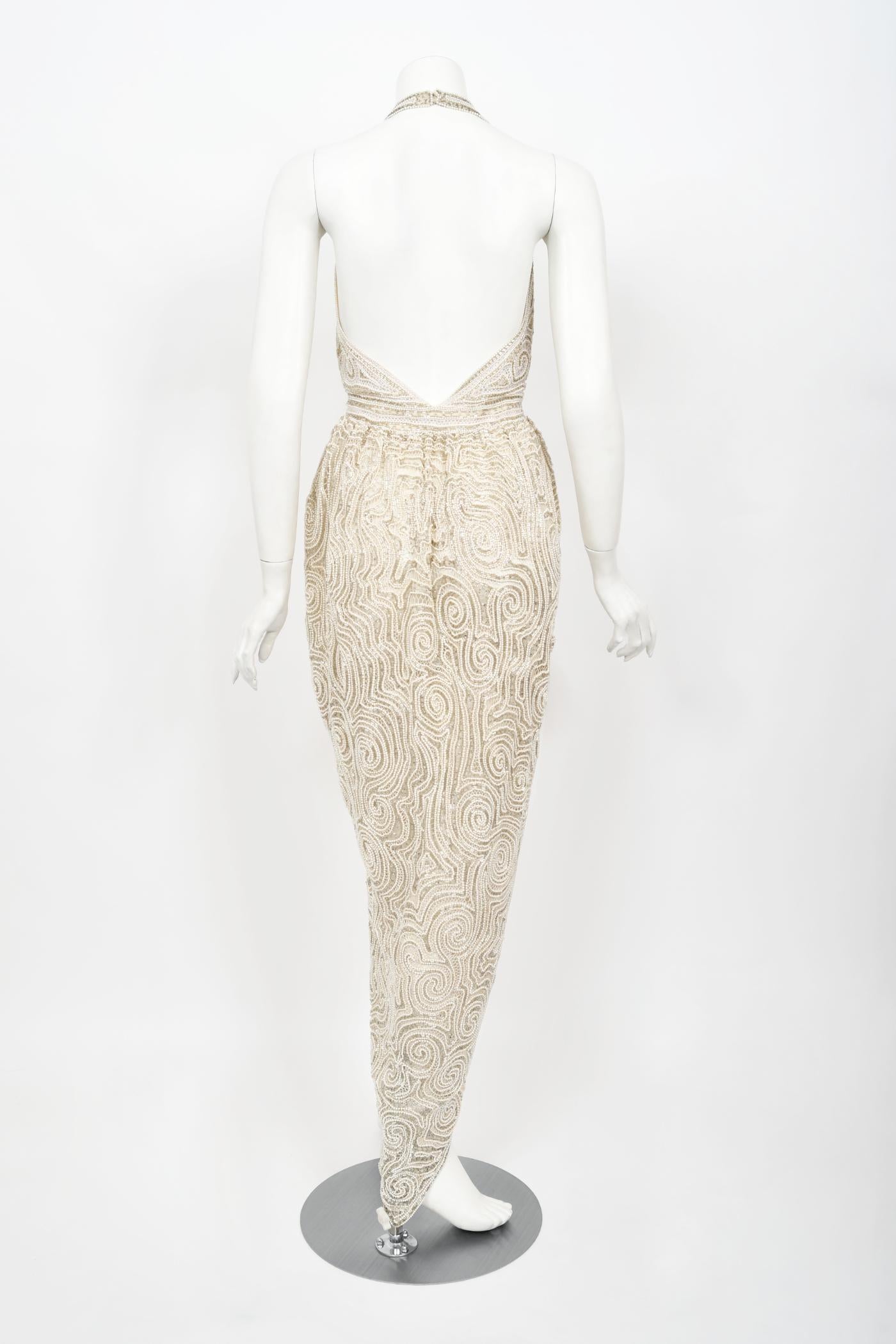 Vintage 1970's Halston Couture Ivory Beaded Sheer Lace Backless Halter Wrap Gown 11
