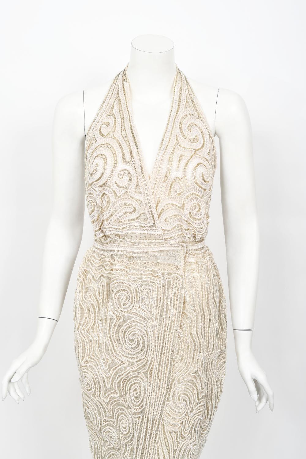 Women's Vintage 1970's Halston Couture Ivory Beaded Sheer Lace Backless Halter Wrap Gown