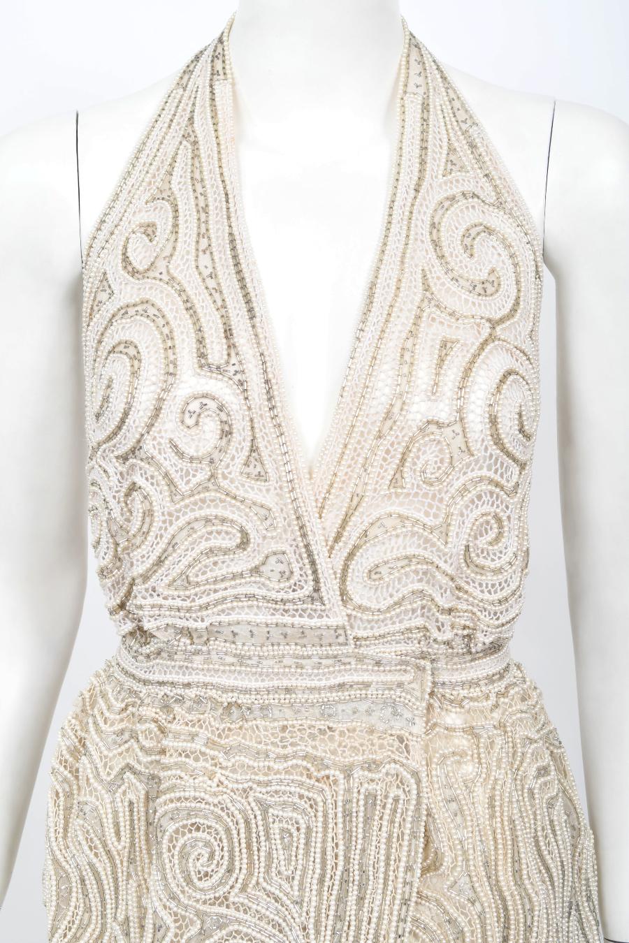 Vintage 1970's Halston Couture Ivory Beaded Sheer Lace Backless Halter Wrap Gown 1