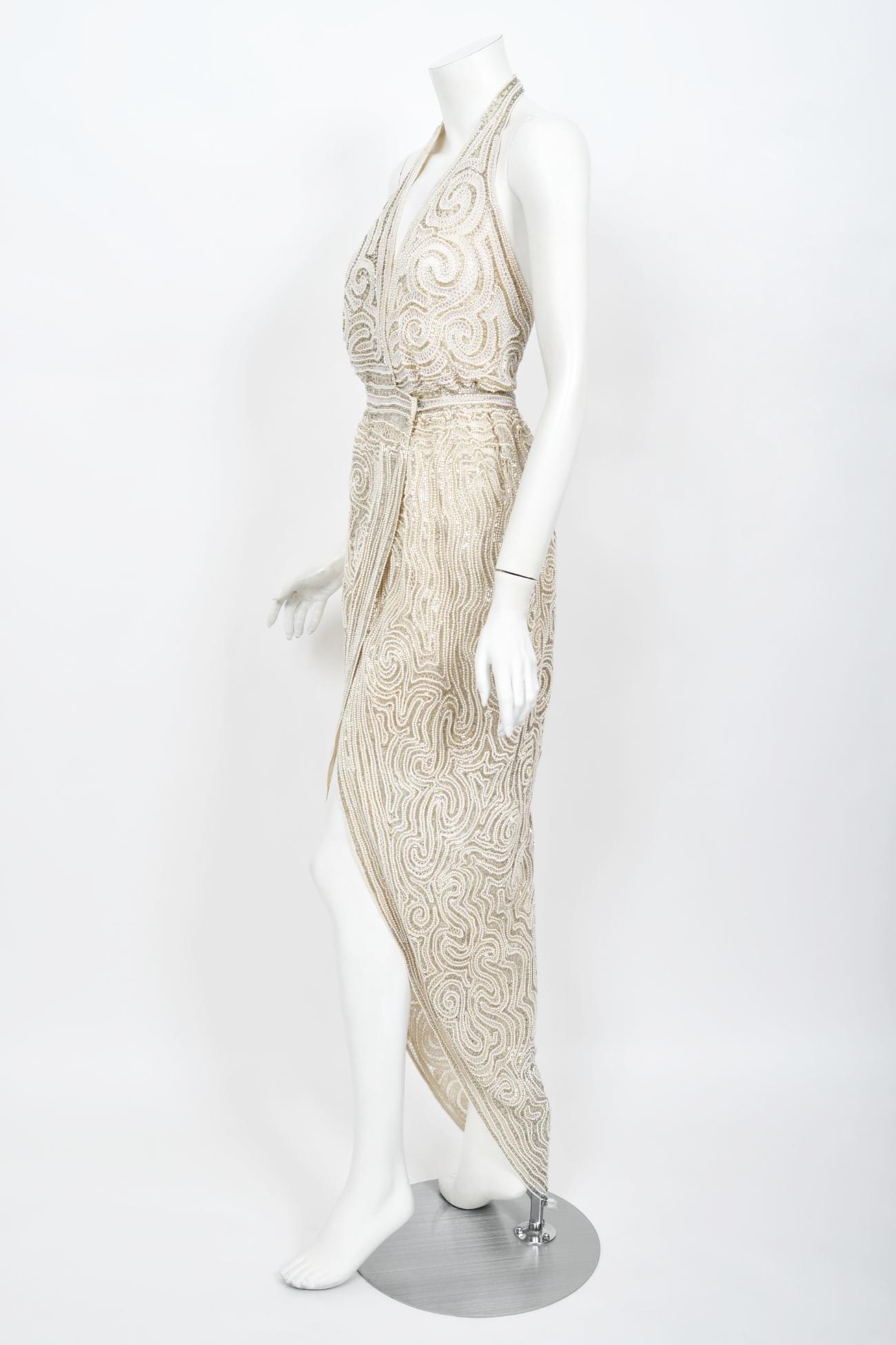 Vintage 1970's Halston Couture Ivory Beaded Sheer Lace Backless Halter Wrap Gown 5