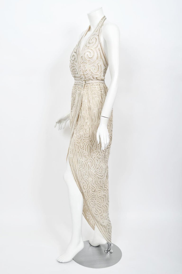 Vintage 1970's Halston Couture Ivory Beaded Sheer Lace Backless