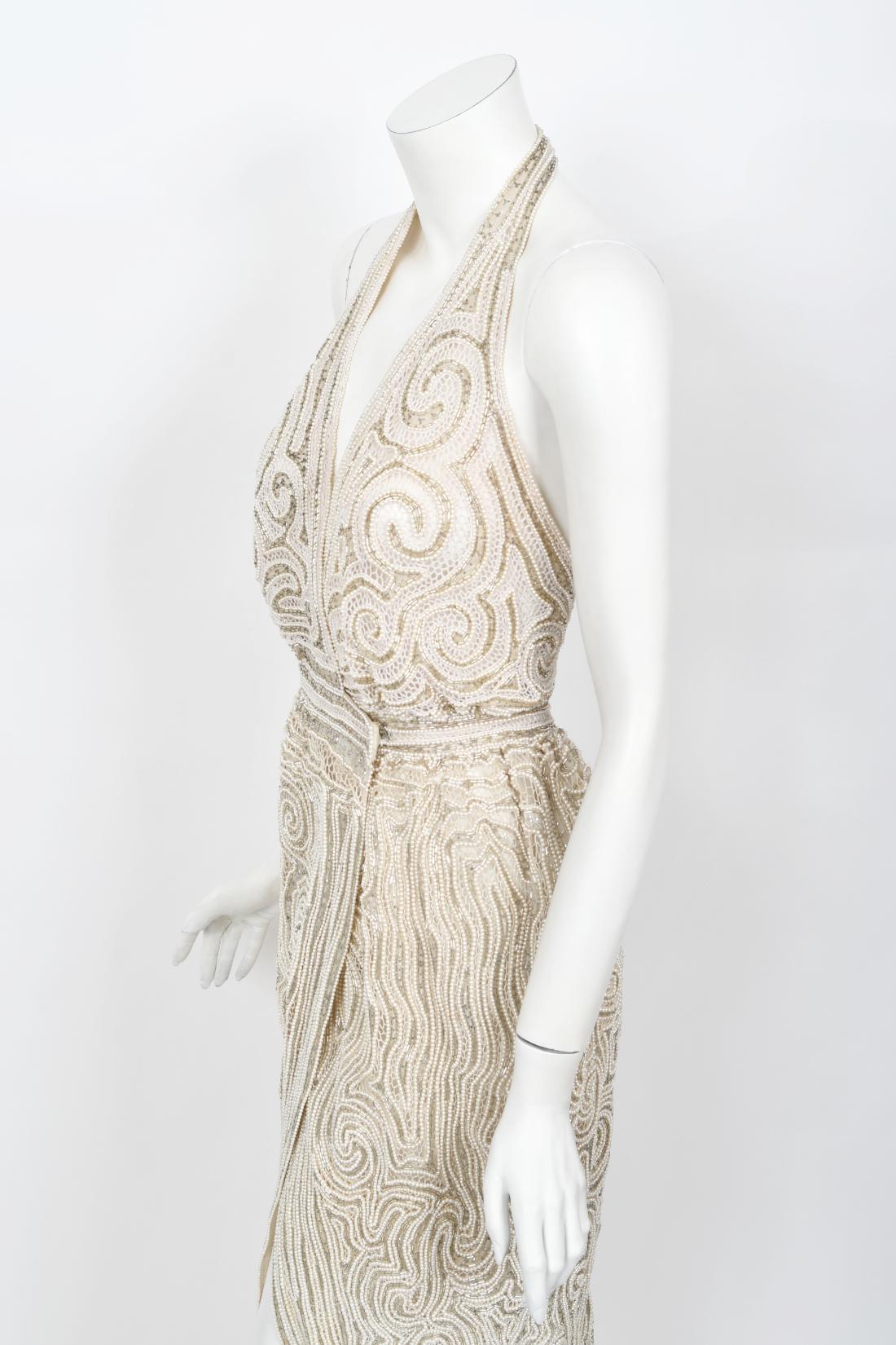 Vintage 1970's Halston Couture Ivory Beaded Sheer Lace Backless Halter Wrap Gown 6
