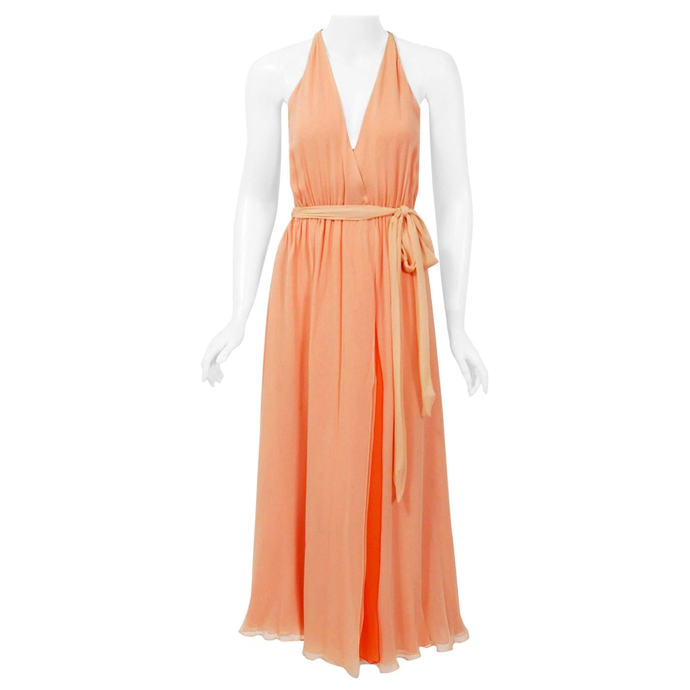 Vintage 1970's Halston Couture Peach Silk-Chiffon Low Plunge Belted Wrap Dress