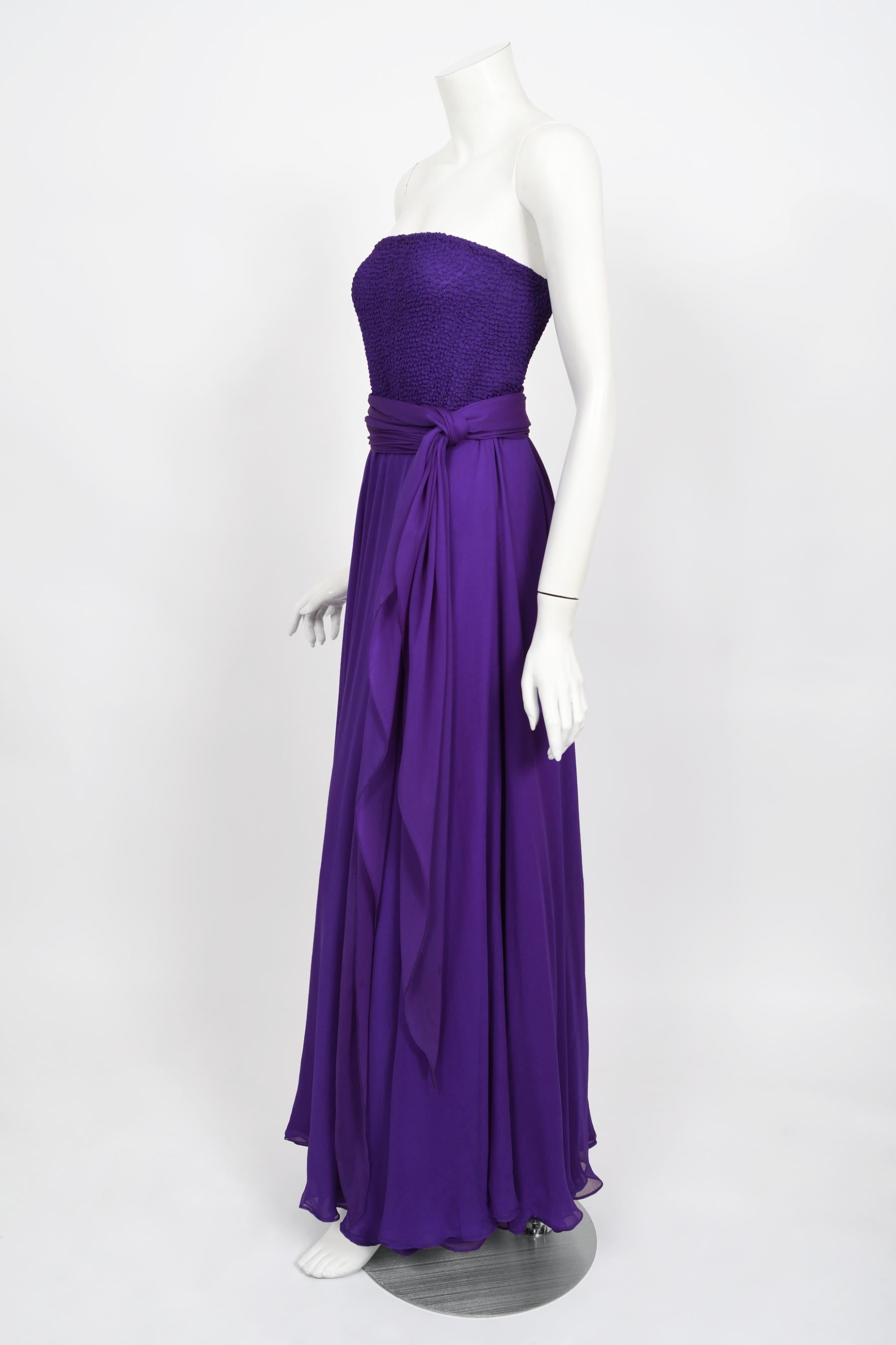 Vintage 1970's Halston Couture Purple Silk Strapless Tube-Top Maxi Dress Set 7